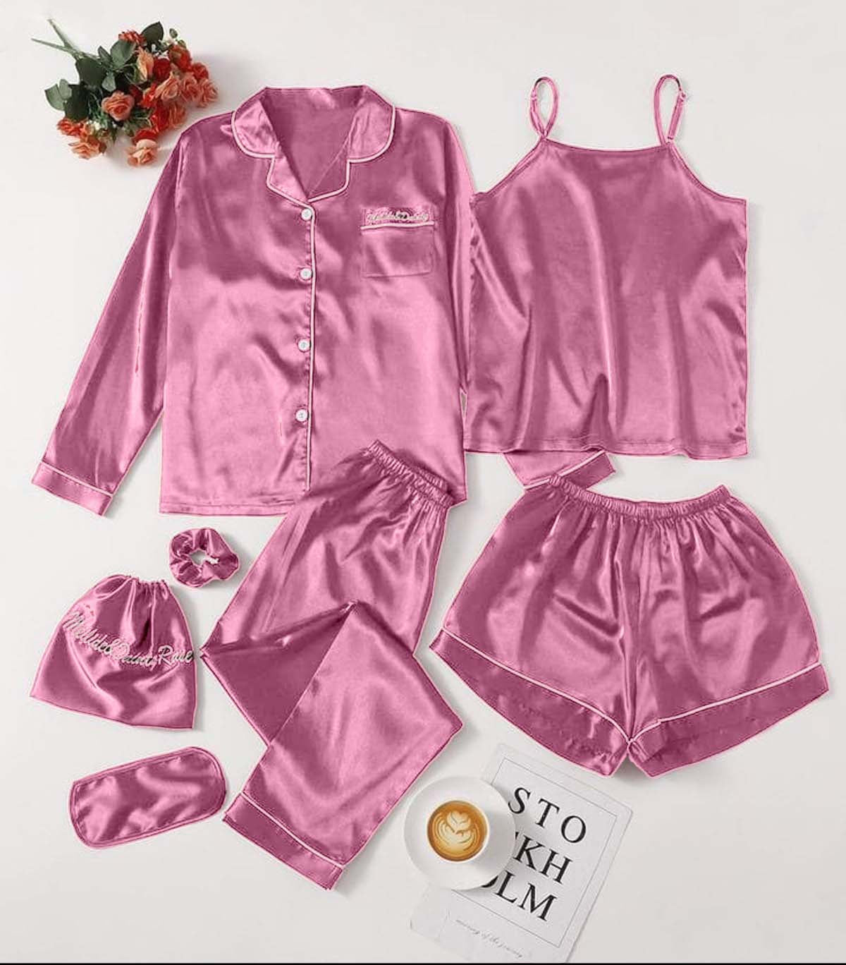 All-In-One 7-Pcs Rozana Silk Night Suit for Her