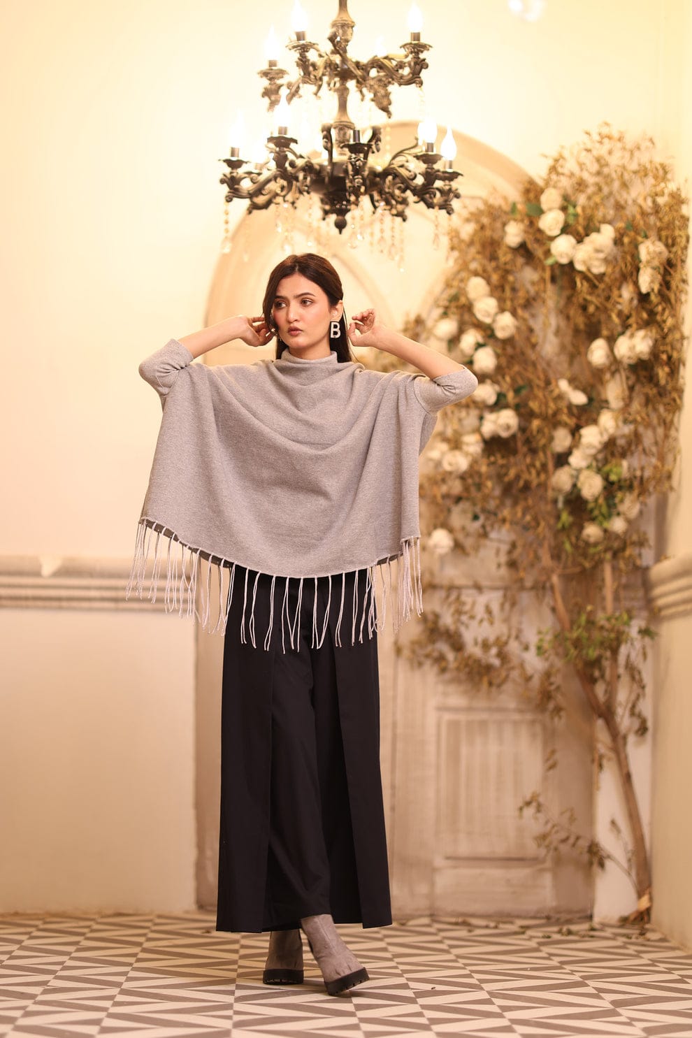 Fleece Poncho & Denim Jeans Winter Outfit Set