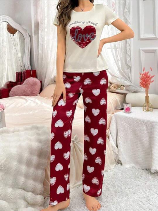 Maroon Heart Printed Nightwear
