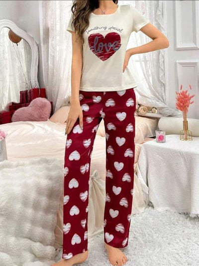 Maroon Heart Printed Nightwear