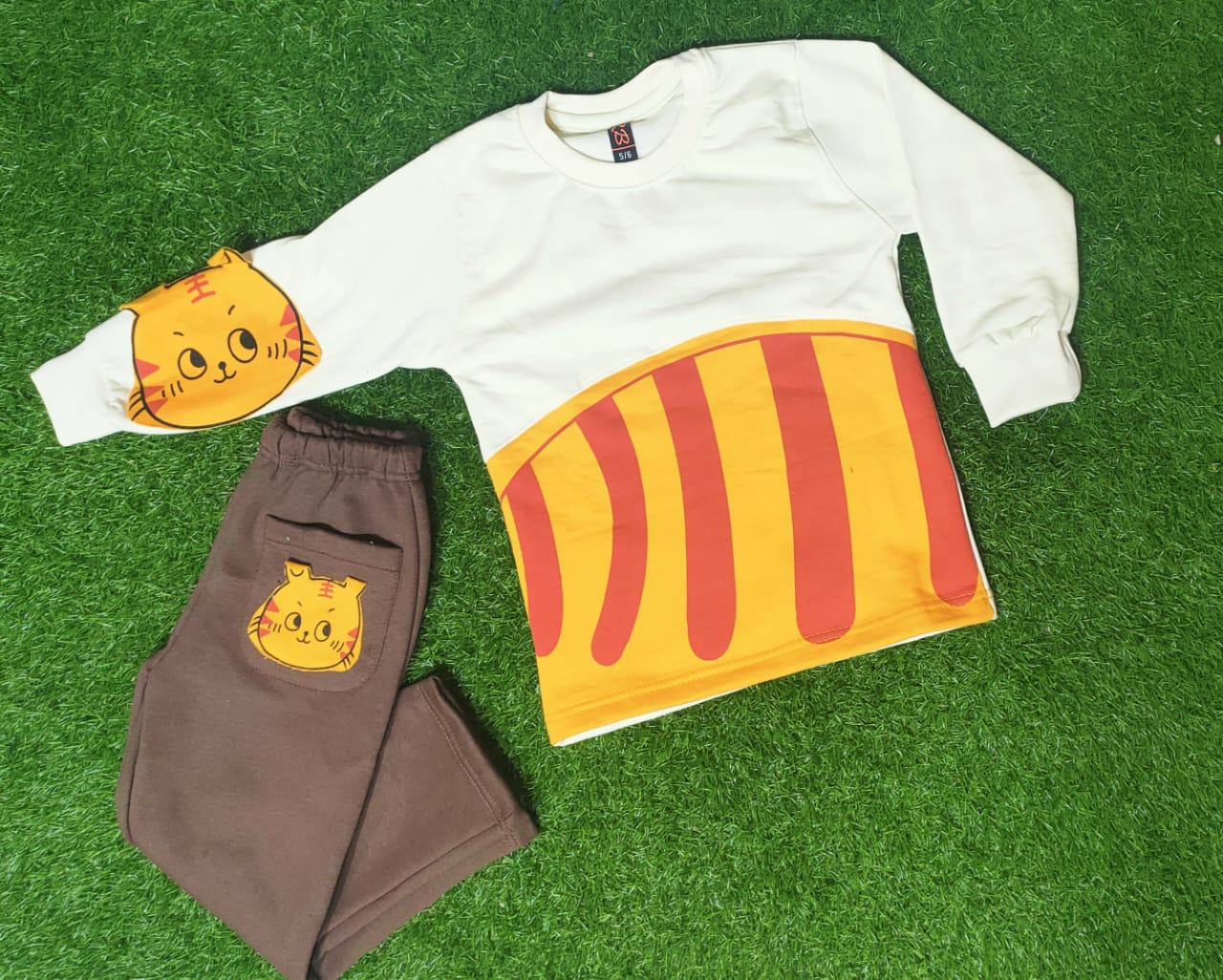 Off White Cat Print Sweatshirt With Trouser Tracksuit For Kids