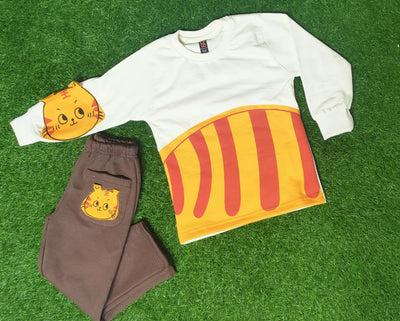 Off White Cat Print Sweatshirt With Trouser Tracksuit For Kids