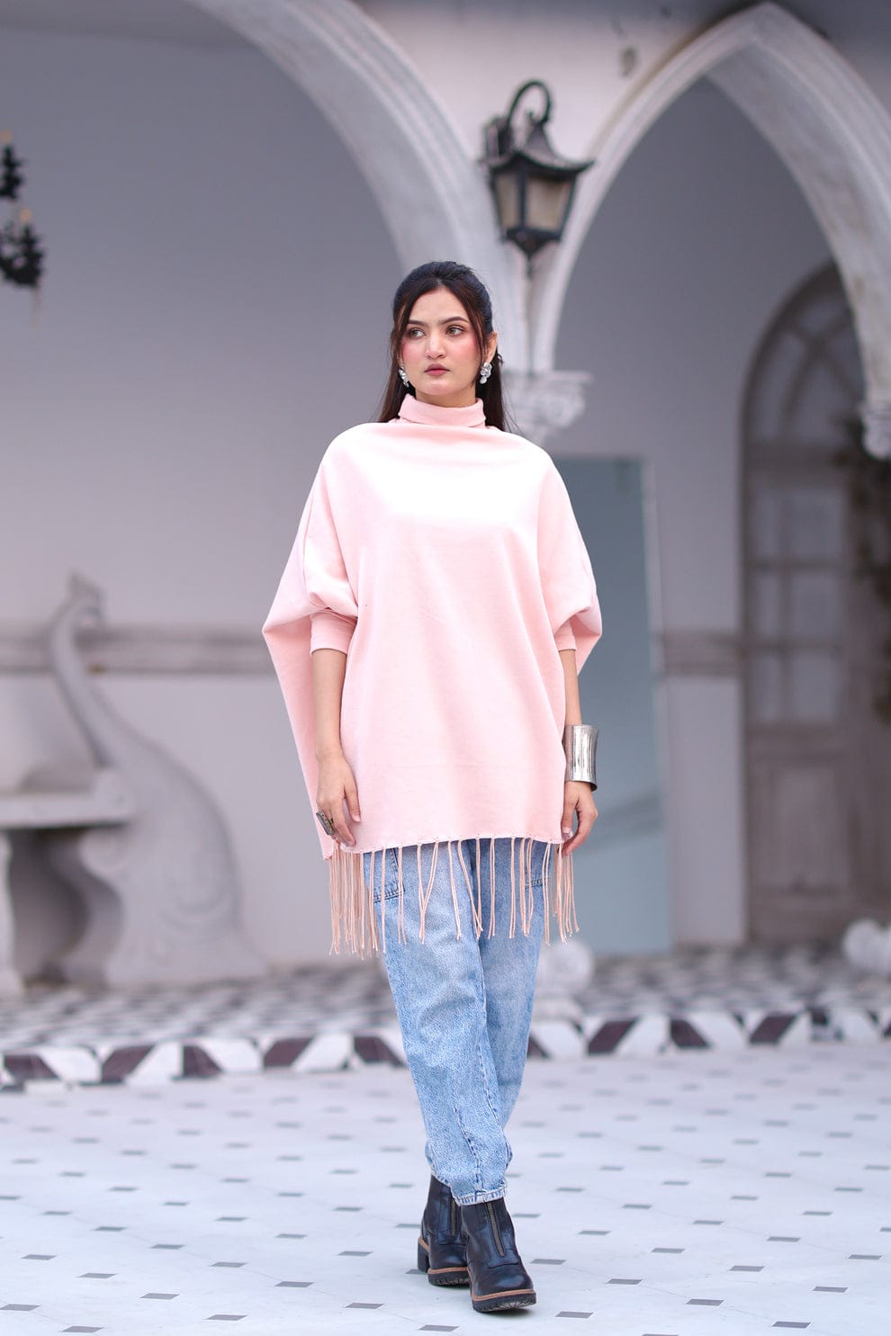 Fleece Poncho & Denim Jeans Winter Outfit Set