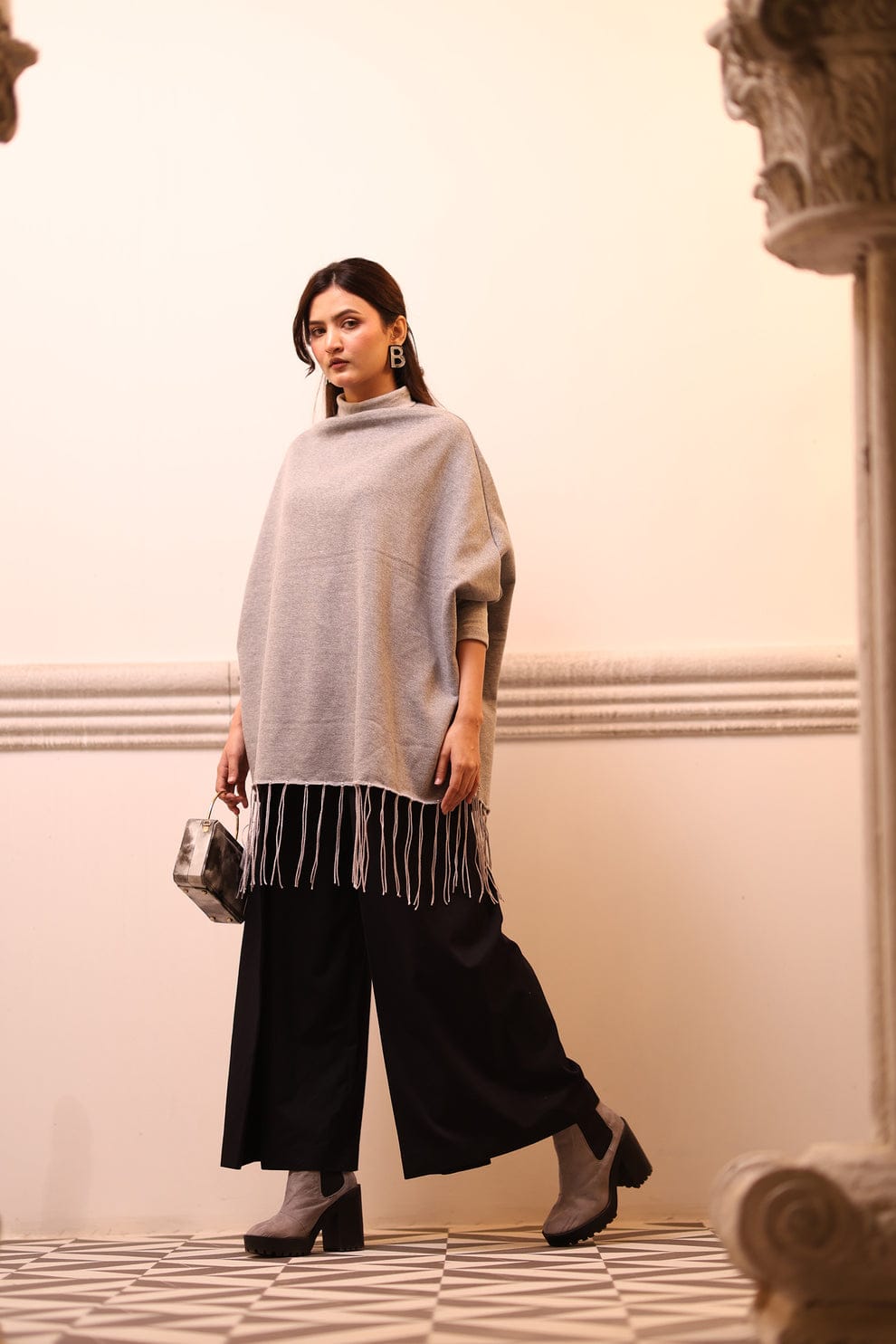 Fleece Poncho & Denim Jeans Winter Outfit Set