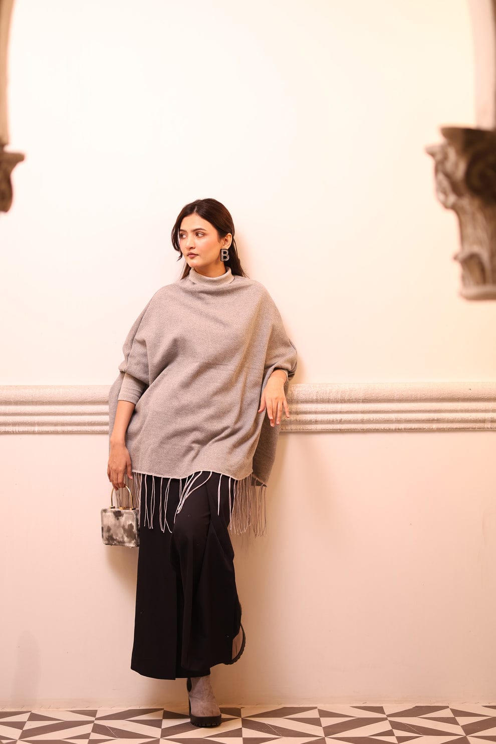 Fleece Poncho & Denim Jeans Winter Outfit Set