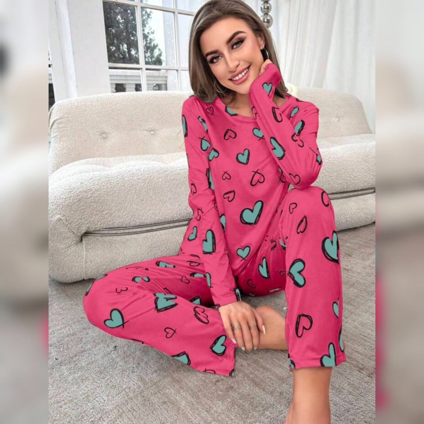 Hearts Print Full Sleeves T-shirt With Hearts Trouser Suit