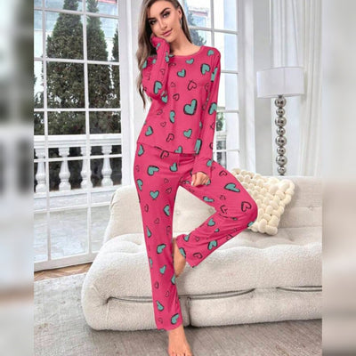 Hearts Print Full Sleeves T-shirt With Hearts Trouser Suit