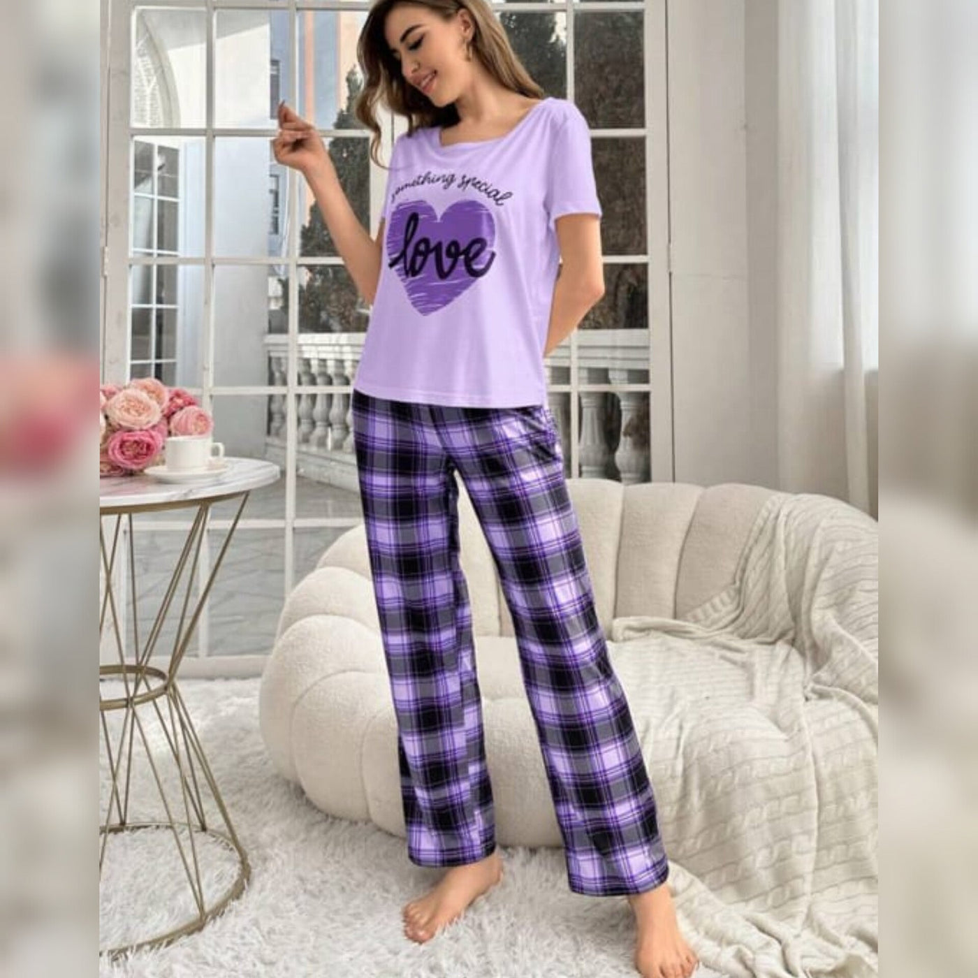 Love Heart Print Half Sleeves T-shirt With Check Trouser Suit