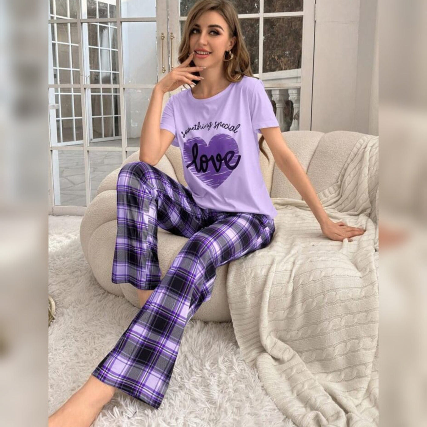 Love Heart Print Half Sleeves T-shirt With Check Trouser Suit