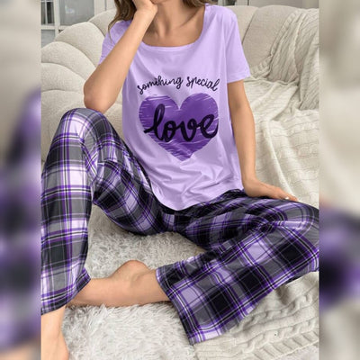 Love Heart Print Half Sleeves T-shirt With Check Trouser Suit