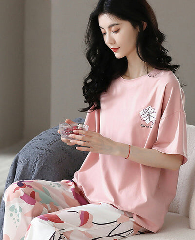 Pink Printed Half Sleeves Night Suit