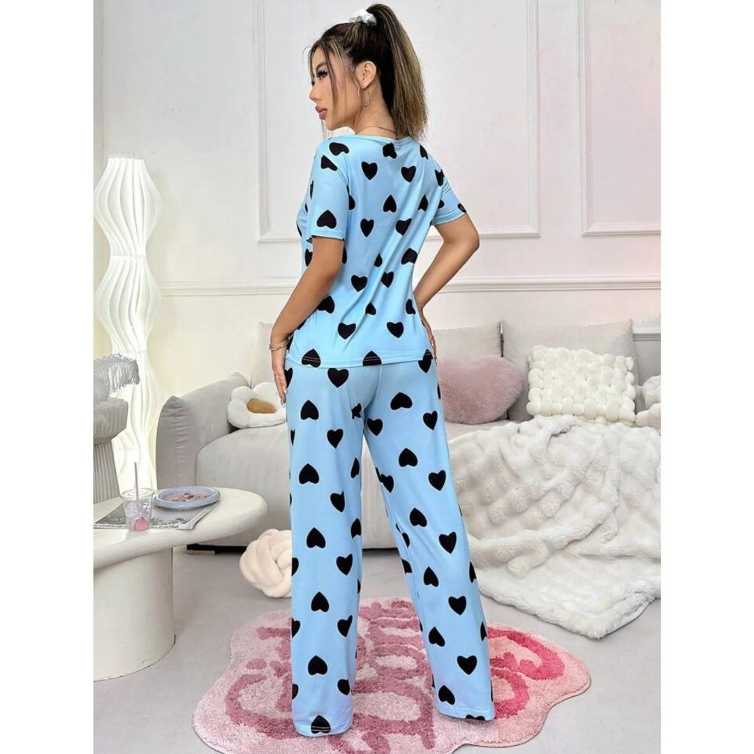 Hearts Print Half Sleeves T-shirt With Hearts Printed Trouser Suit
