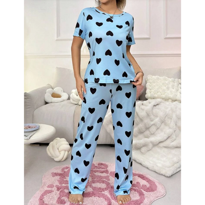 Hearts Print Half Sleeves T-shirt With Hearts Printed Trouser Suit