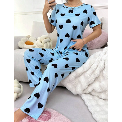 Hearts Print Half Sleeves T-shirt With Hearts Printed Trouser Suit